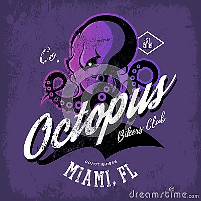 Vintage American furious octopus bikers club tee print vector design isolated on purple background. Vector Illustration