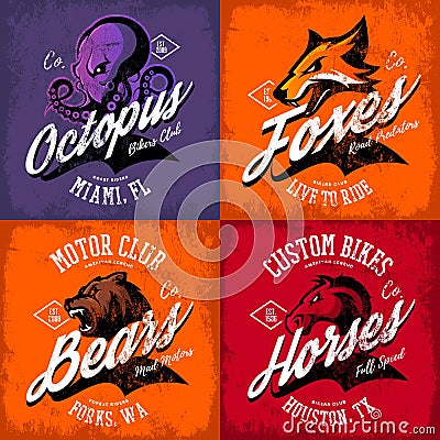 Vintage American furious octopus, fox, bear, horse bikers club tee print vector design set. Vector Illustration