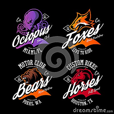 Vintage American furious octopus, fox, bear, horse bikers club tee print vector design set. Vector Illustration