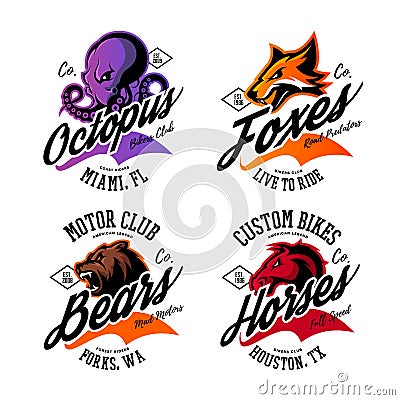 Vintage American furious octopus, fox, bear, horse bikers club tee print vector design set. Vector Illustration