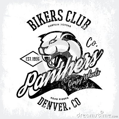 Vintage American furious panther bikers club tee print vector design isolated on white background. Vector Illustration