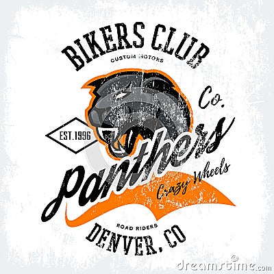 Vintage American furious panther bikers club tee print vector design on white background. Vector Illustration