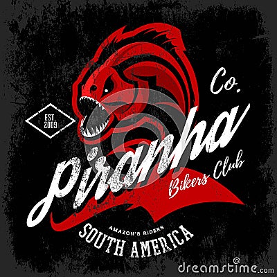 Vintage American furious piranha bikers club tee print vector design on black background. Vector Illustration