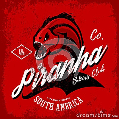 Vintage American furious piranha bikers club tee print vector design on black background. Vector Illustration