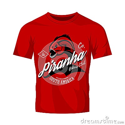 Vintage American furious piranha bikers club tee print vector design isolated on red t-shirt mockup. Vector Illustration