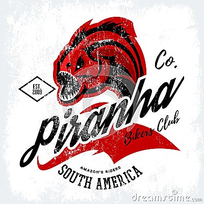 Vintage American furious piranha bikers club tee print vector design on white background. Vector Illustration