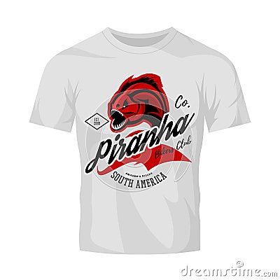 Vintage American furious piranha bikers club tee print vector design on white t-shirt mockup. Vector Illustration