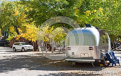 Vintage American mobile home on a camping site Stock Photo