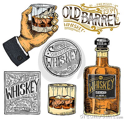 Vintage American whiskey badge. Alcoholic Label with calligraphic elements. Hand drawn engraved sketch lettering for t Vector Illustration