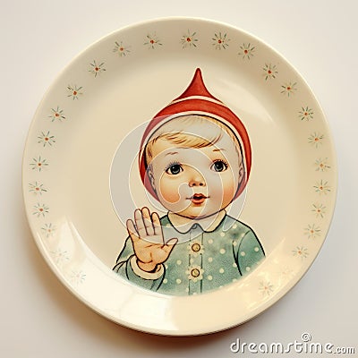 Vintage Americana Child Plate With Gnome Hat - Spontaneous Gesture Stock Photo