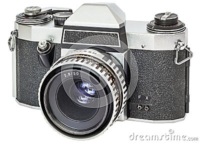 Vintage Analog 35 mm Single Lens Reflex Camera Isolated On White Background Stock Photo