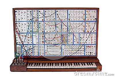 Vintage analog modular synthesizer with patchcords Stock Photo