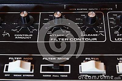 Vintage analogue music synthesizer control panel closeup in shallow focus Stock Photo