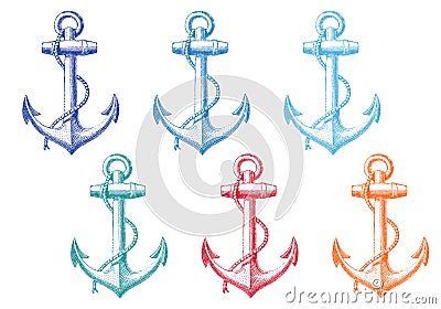 Vintage anchor with rope, set Stock Photo