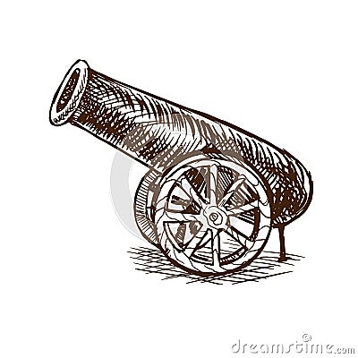 Vintage ancient arm cannon with cannonballs, war weapon. Vector Illustration