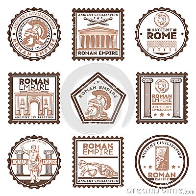 Vintage Ancient Rome Civilization Stamps Set Vector Illustration