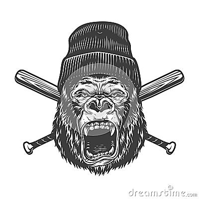 Vintage angry gorilla head in beanie hat Vector Illustration