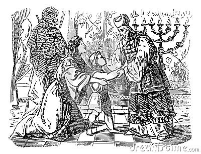 Vintage Drawing of Biblical Story of Elkanah and His Wife Hannah Who Are Presenting Son Samuel to Priest Eli. Vector Illustration