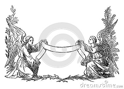 Vintage Drawing of Two Angels Holding Decorative Ribbon Vector Illustration