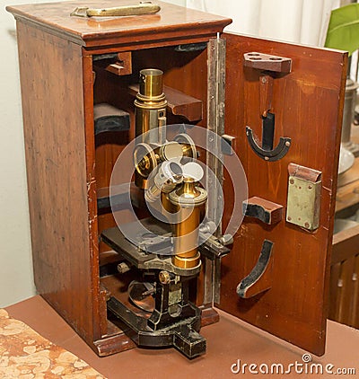 Vintage, antique, portable microscope in a wooden box Editorial Stock Photo