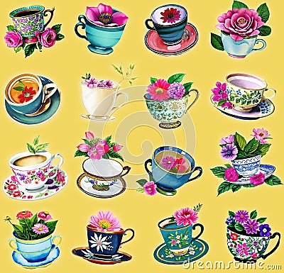 Vintage Antique Watercolor Teacups with flowers Illustration Set on isolated background Stock Photo