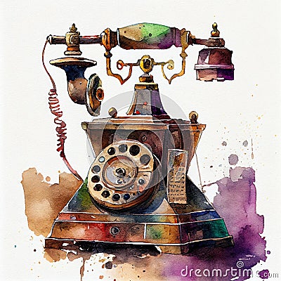 Vintage antique watercolor telephone with a handset on a wire. Old camunnication agent on a white watercolor background. Cartoon Illustration