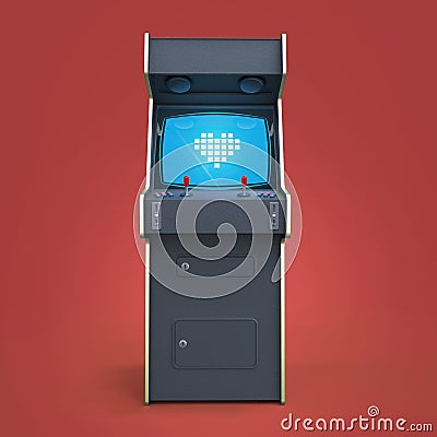 Vintage arcade game machine cabinet with pixel heart icon colorful controllers and screen isolated. Stock Photo