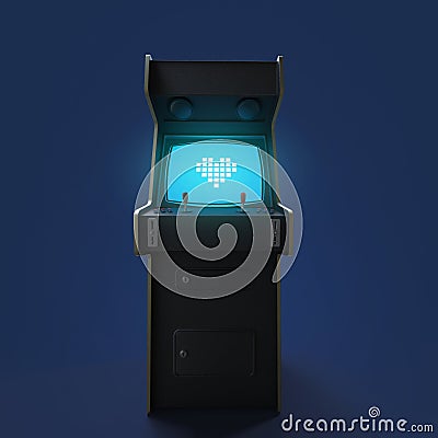 Vintage arcade game machine cabinet with pixel heart icon colorful controllers and screen isolated. Stock Photo