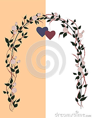 Vintage arch with roses and hearts for a wedding card. Happy valentine`s day. Vector illustration. Vector Illustration