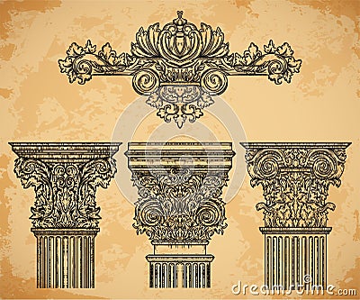 Vintage architectural details design elements on aged paper background Vector Illustration