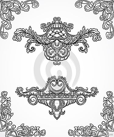 Vintage architectural details design elements. Antique baroque classic style border and cartouche in engraving style Vector Illustration