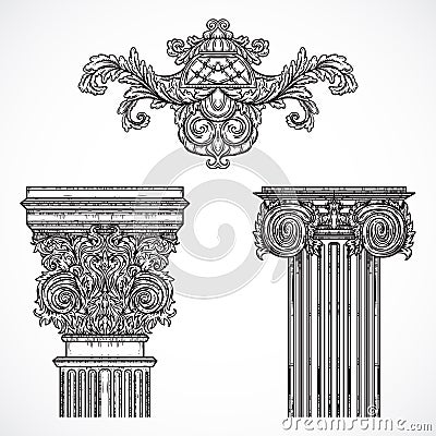 Vintage architectural details design elements. Antique baroque classic style column and cartouche Vector Illustration