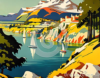 vintage art deco 1930s travel poster with yachts sailing in a lake in mountain european landscape Stock Photo