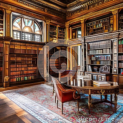 A vintage, Art Nouveau library with stained glass windows, ornate bookshelves, and antique leather chairs3, Generative AI Stock Photo