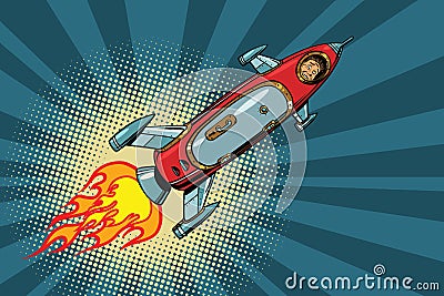 Vintage astronaut in a small spaceship in space Vector Illustration