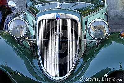 Vintage Audi convertible with large chrome grille, model 1927. Rare Audi car at car exhibition. Dnipro, Ukraine Editorial Stock Photo