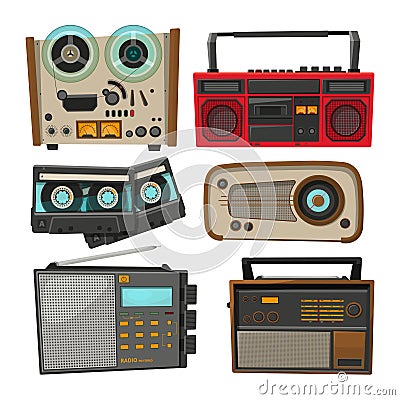 Vintage audio recorders isolated on white Vector Illustration