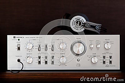 Ontario, Canada - December 22 2017: Vintage Audio Stereo Amplifier with Headphones Front View Editorial Stock Photo