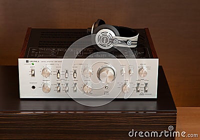 Ontario, Canada - December 27 2017: Vintage Audio Stereo Amplifier with Headphones Front View Editorial Stock Photo