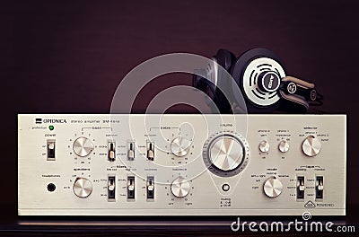 Ontario, Canada - December 22 2017: Vintage Audio Stereo Amplifier with Headphones Front View Editorial Stock Photo