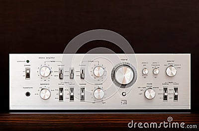 Vintage Audio Stereo Amplifier Shiny Metal Front Panel Stock Photo