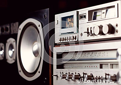 Vintage audio stereo rack with cassette tape deck receiver and s Stock Photo