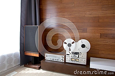 Vintage audio system in minimalistic modern interior Stock Photo