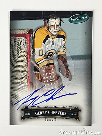 Vintage Autographed Parkhurst Hockey card signed by Gerry Cheevers Editorial Stock Photo