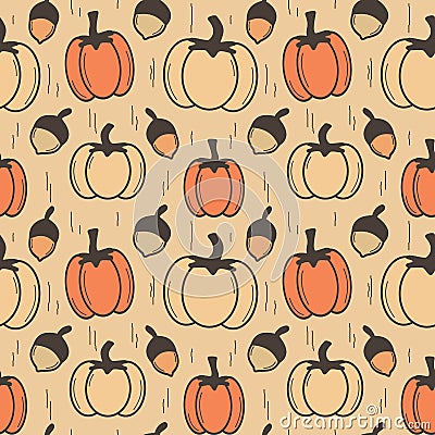 Vintage autumn fall seamless vector pattern background illustration with pumpkins and acorns Vector Illustration