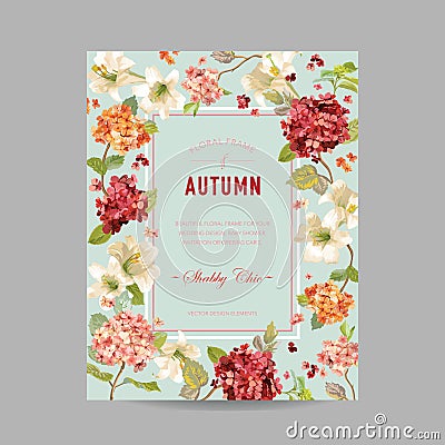 Vintage Autumn and Summer Floral Frame. Watercolor Hortensia Flowers for Invitation, Wedding, Baby Shower Card Vector Illustration