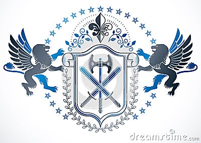 Vintage award design, vintage heraldic Coat of Arms. Vector emblem composed with winged gryphon, pentagonal stars and lily flower Vector Illustration