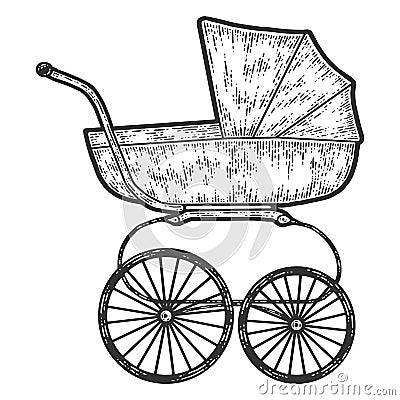 Vintage baby stroller. Sketch scratch board imitation. Black and white. Cartoon Illustration