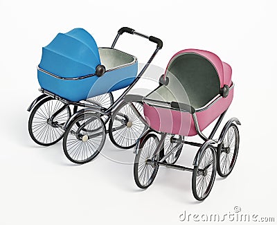 Vintage baby strollers isolated on white background. 3D illustration Cartoon Illustration
