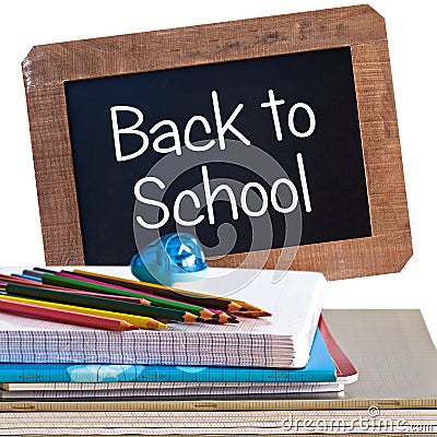 Vintage backboard back to school and school supplies isolated on white Stock Photo